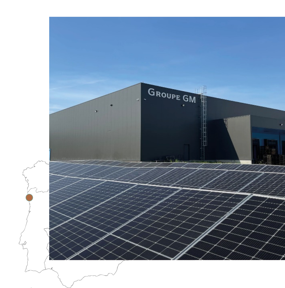A large building with the sign "Groupe GM" is partially visible, featuring a rooftop covered in solar panels under a clear blue sky.