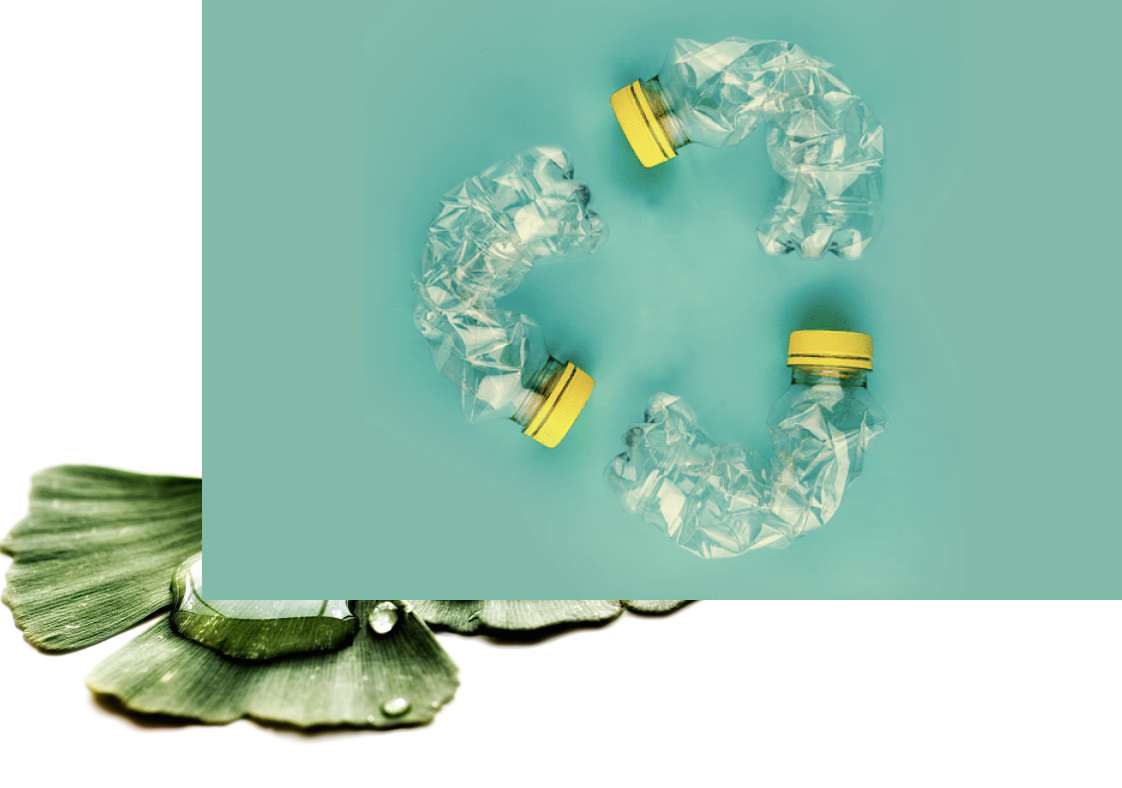 Three crumpled, transparent plastic bottles with yellow caps arranged in a circular pattern over a soft turquoise background, with a leafy green element partially visible at the bottom.