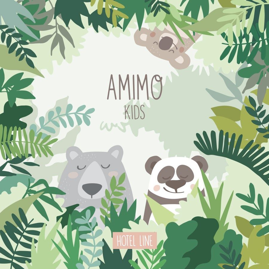 A whimsical illustration featuring a bear and a panda among lush green foliage, with the text "AMIMO KIDS" prominently displayed at the top and "HOTEL LINE" at the bottom.