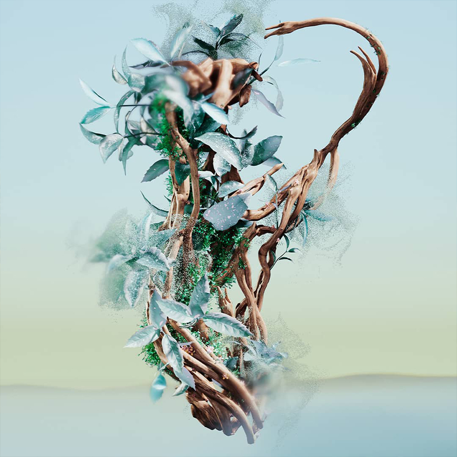 A digital artwork depicting a twisting, ethereal tree branch adorned with green leaves and subtle sparkling elements against a soft gradient background.