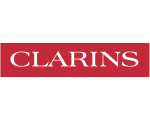 Logo of Clarins, featuring the brand name in bold white letters against a red background.
