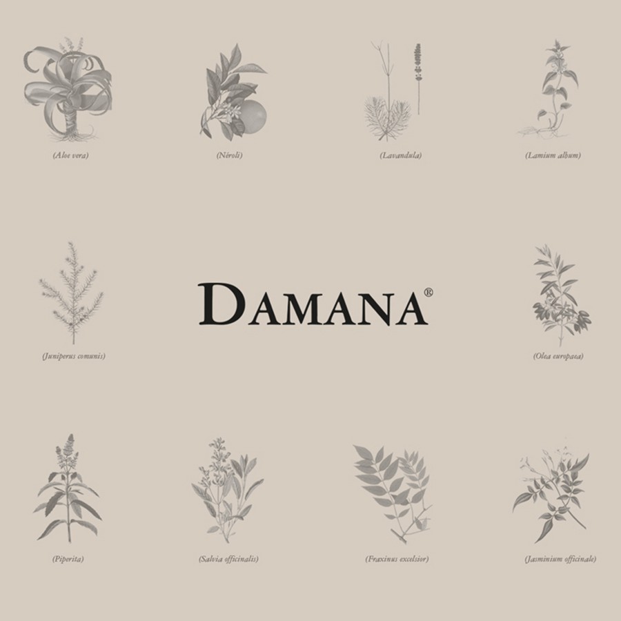 A light beige background featuring illustrated botanical drawings of various herbs and plants arranged around the brand name "Damana."