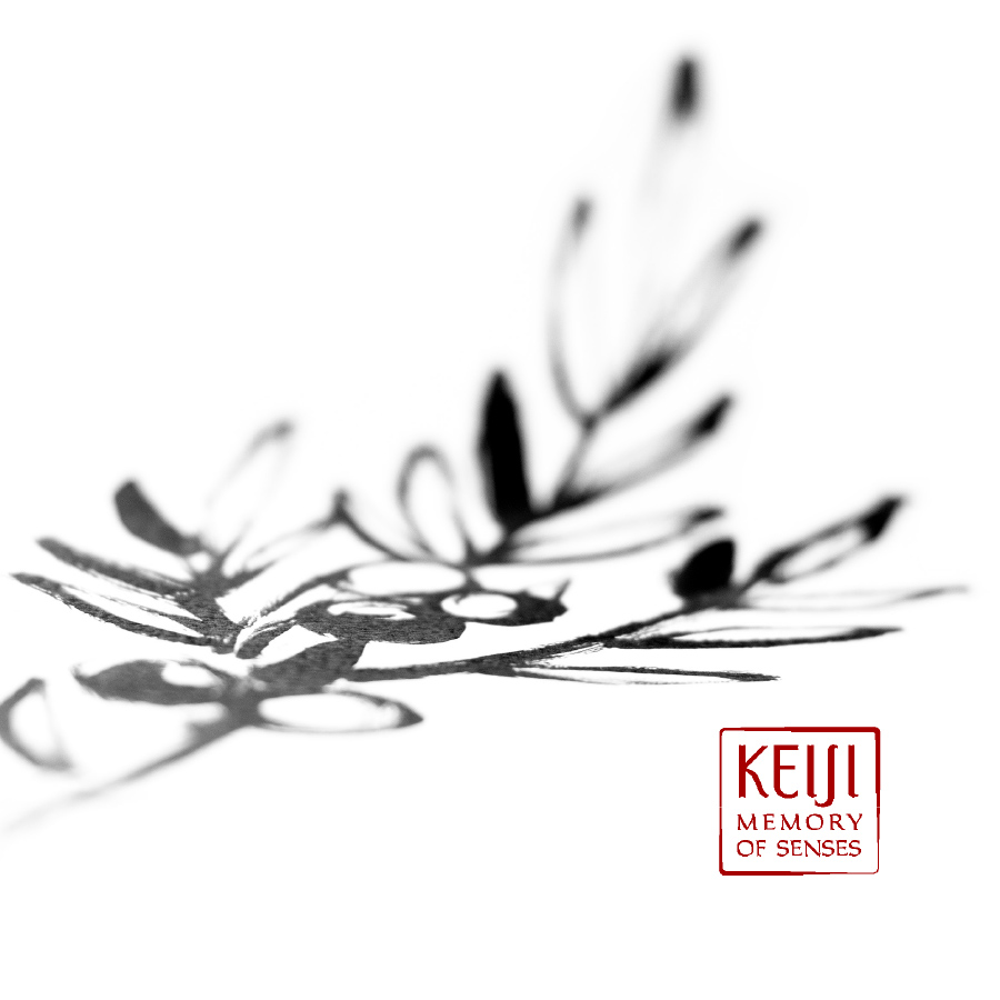 An abstract, monochromatic illustration of a plant with delicate leaves, accompanied by the text "KEIJI MEMORY OF SENSES" in red at the bottom right corner.