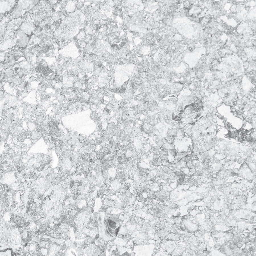 A textured surface of light gray stone with scattered darker and lighter mineral fragments.