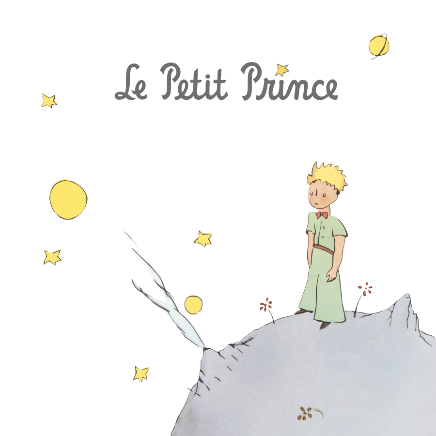 A young boy with blonde hair stands on a small asteroid, looking at stars and planets in the sky, with the title "Le Petit Prince" displayed above.