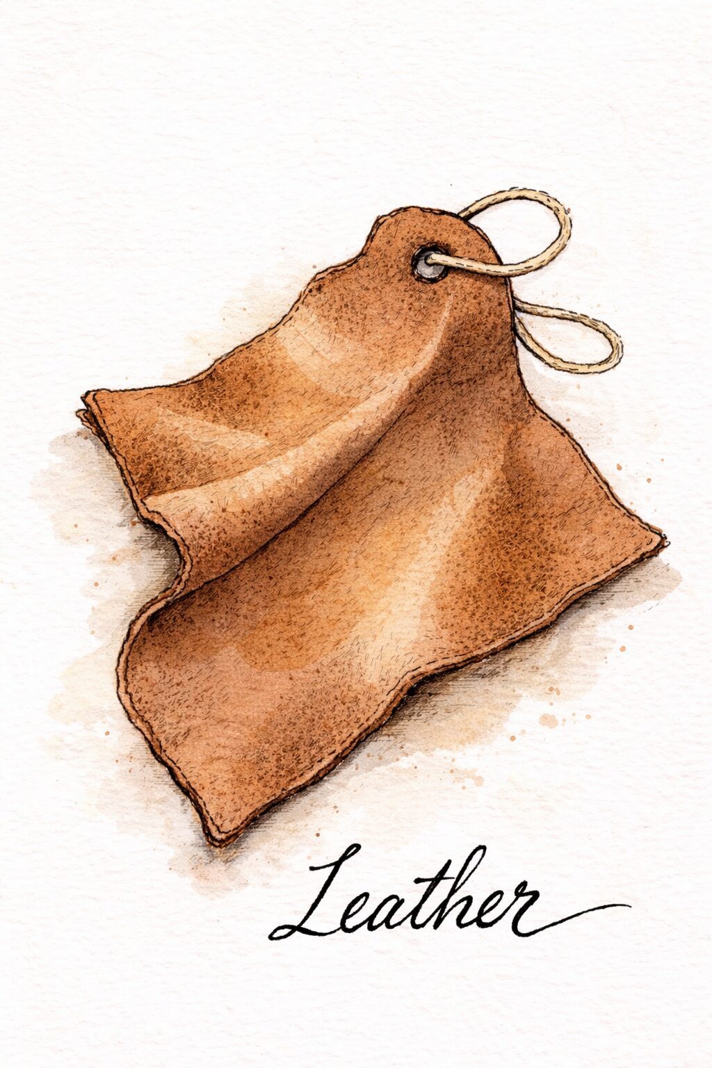 A piece of brown leather with a tag and a curled edge, accompanied by the word "Leather" in elegant script beneath it.