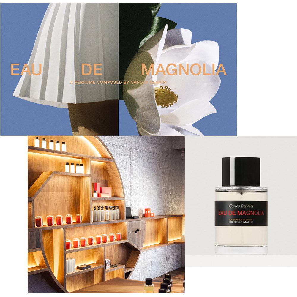 A collage showcasing the fragrance "Eau de Magnolia" by Frédéric Malle, featuring a magnolia flower, a perfume bottle, and a modern retail display with various scented products.