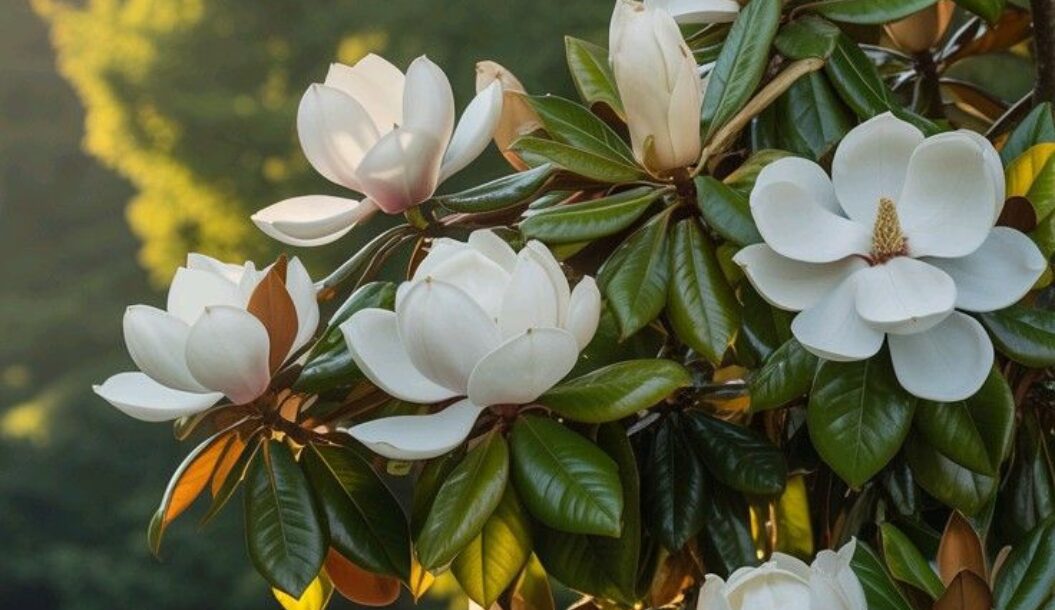 A close-up of magnolia flowers in bloom, featuring large white petals and glossy green leaves, set against a blurred natural background.