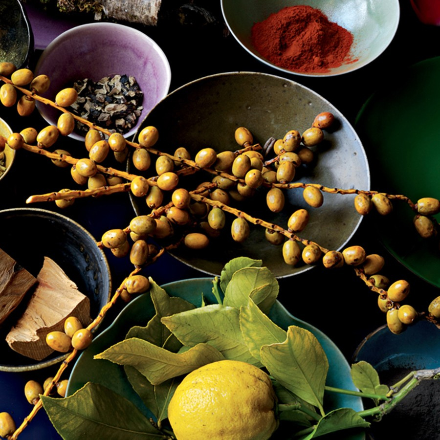 A vibrant assortment of decorative bowls filled with spices, herbs, and colorful fruits, including a lemon and clusters of small yellow fruits, arranged artfully against a dark background.