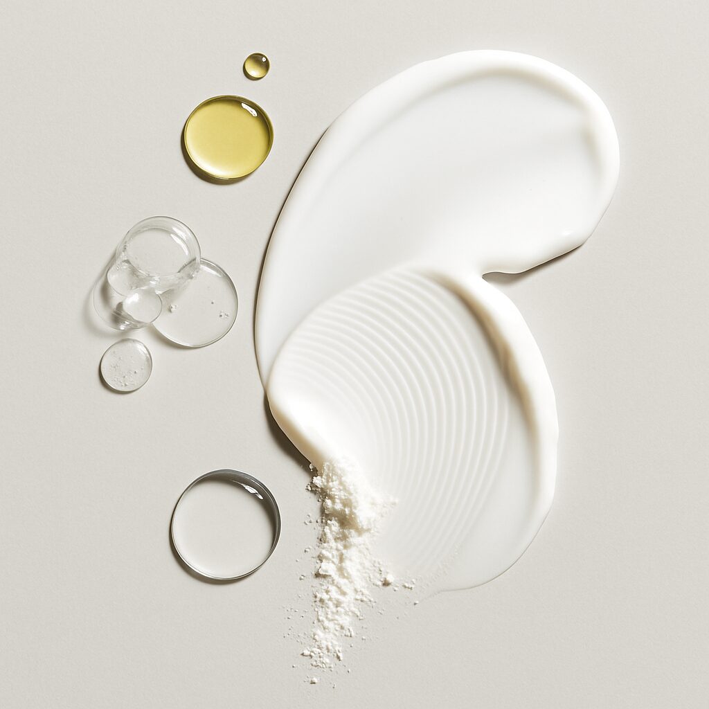 An abstract arrangement of various textures including cream, oil droplets, and powder on a light background.