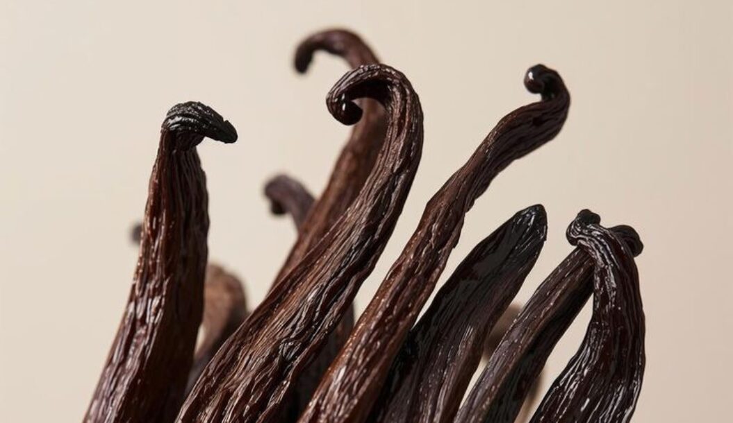 A close-up of several curved, dark-brown vanilla bean pods arranged artistically against a neutral background.