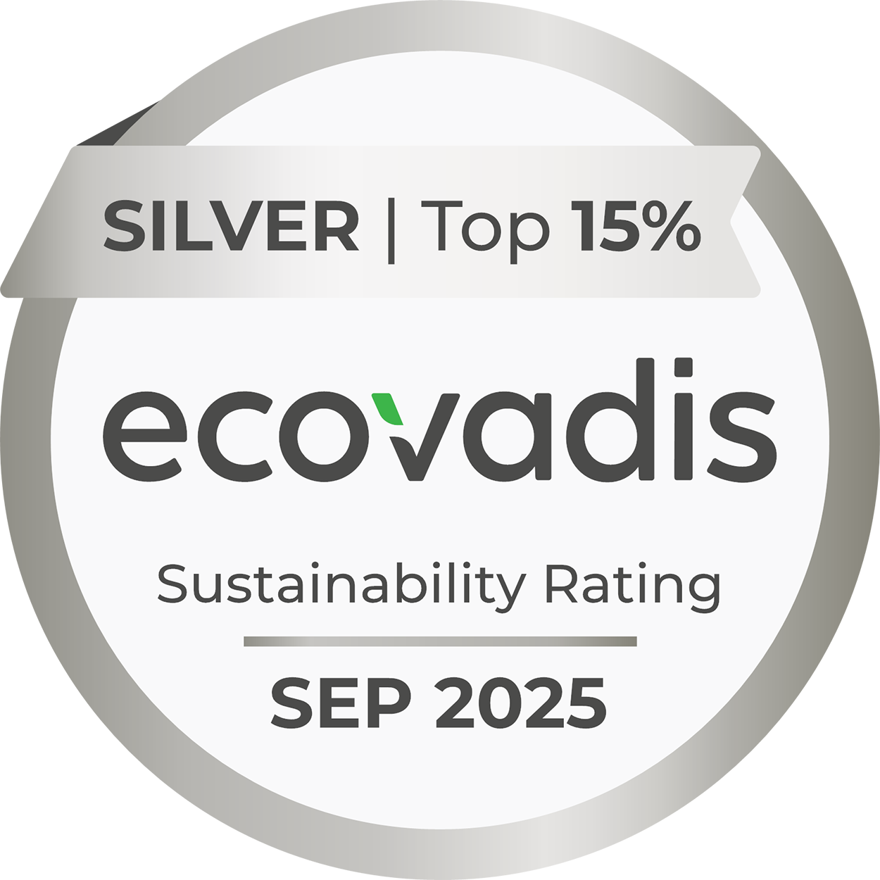 Ecovadis Silver Sustainability Rating badge indicating a top 15% ranking, dated September 2025.
