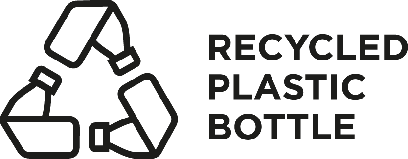 A simple black outline of a recycling symbol with stylized plastic bottles included. The text beside it reads "RECYCLED PLASTIC BOTTLE."