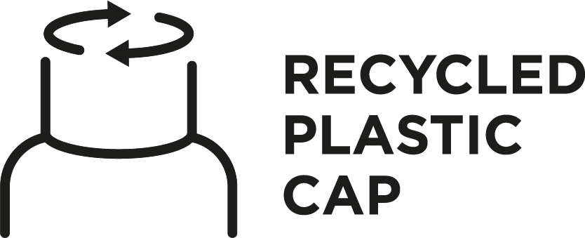 Black icon of a cap with arrows indicating recycling, accompanied by the text "RECYCLED PLASTIC CAP."