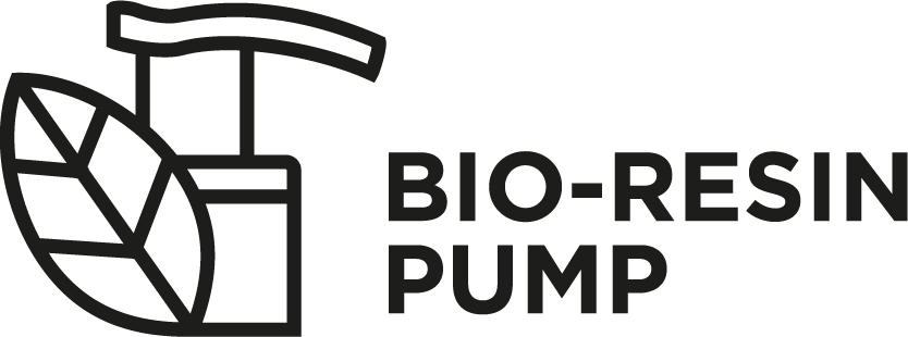 A minimalist line drawing of a pump next to a leaf, labeled "BIO-RESIN PUMP."