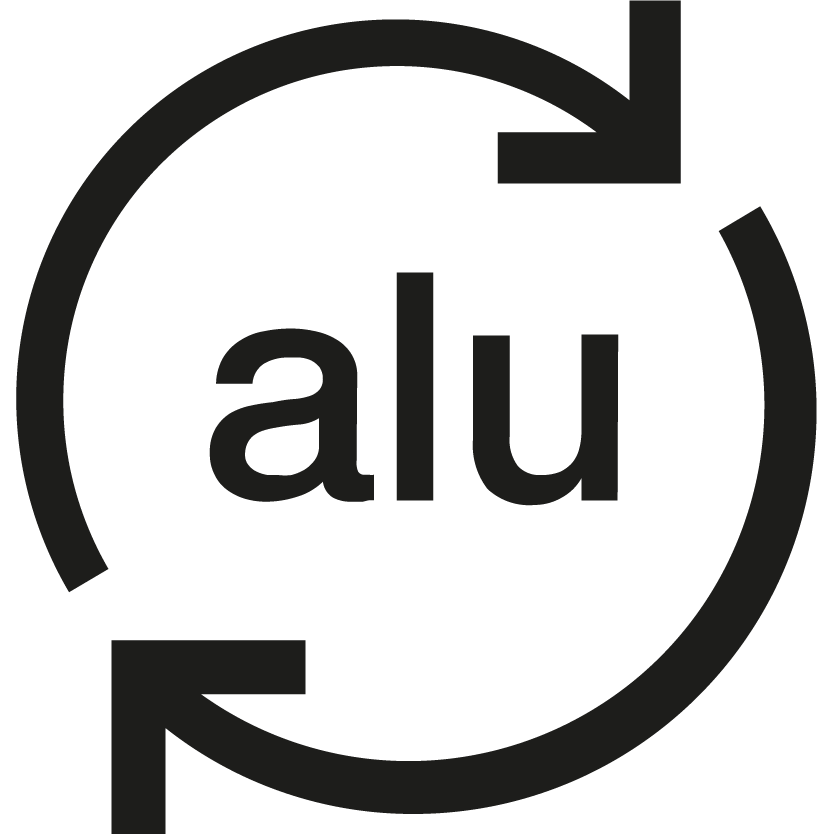A logo featuring the letters "alu" surrounded by a circular arrow with two arrows indicating a refresh or recycling symbol.