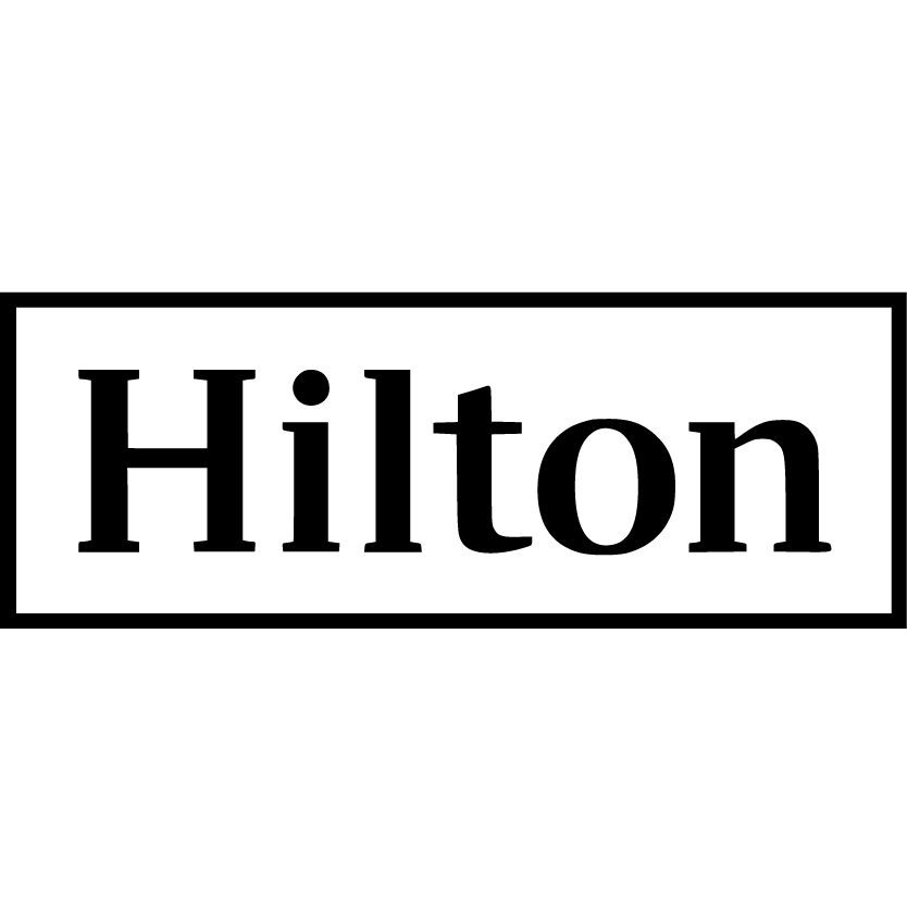 Black and white logo of Hilton with the word "Hilton" in bold font inside a rectangular border.