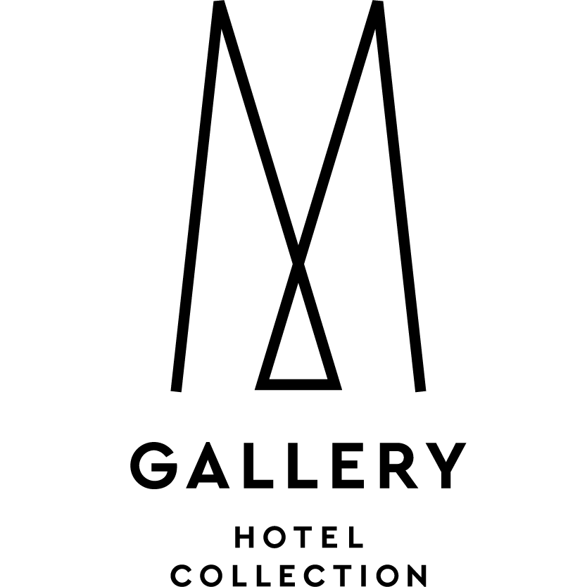 A minimalist black logo featuring the letter "M" and the words "Gallery Hotel Collection" beneath it. The design incorporates geometric shapes.
