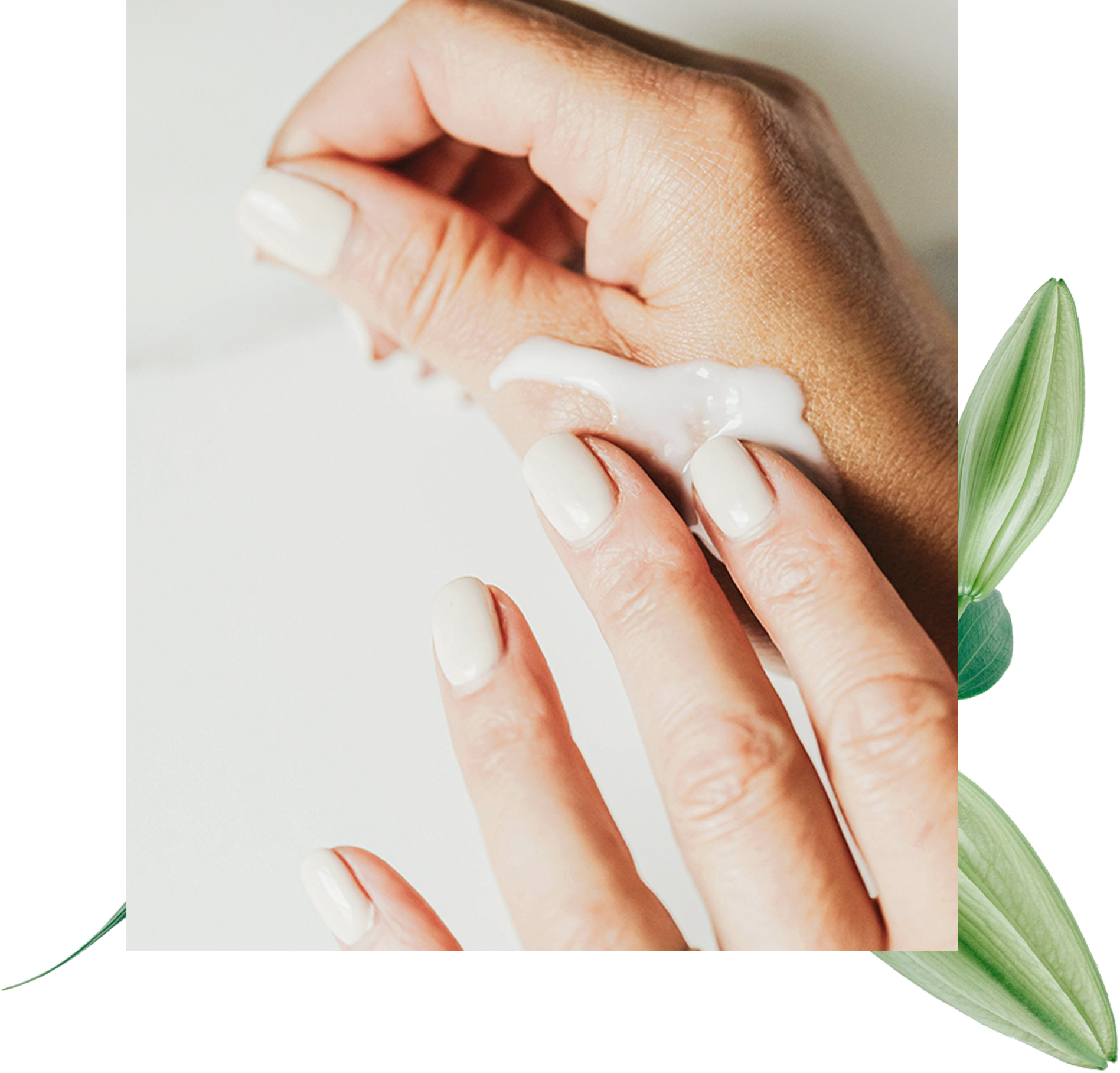 A close-up of a hand applying cream to the wrist, with light-colored nails and a minimalistic background featuring green leaves.
