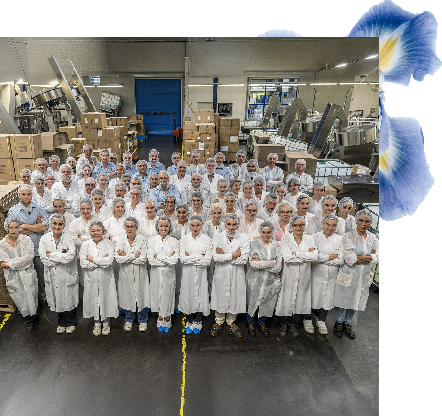 A large group of over 50 individuals in white lab coats and hairnets stands together in a factory setting, smiling at the camera with arms crossed. Boxes and machinery are visible in the background.