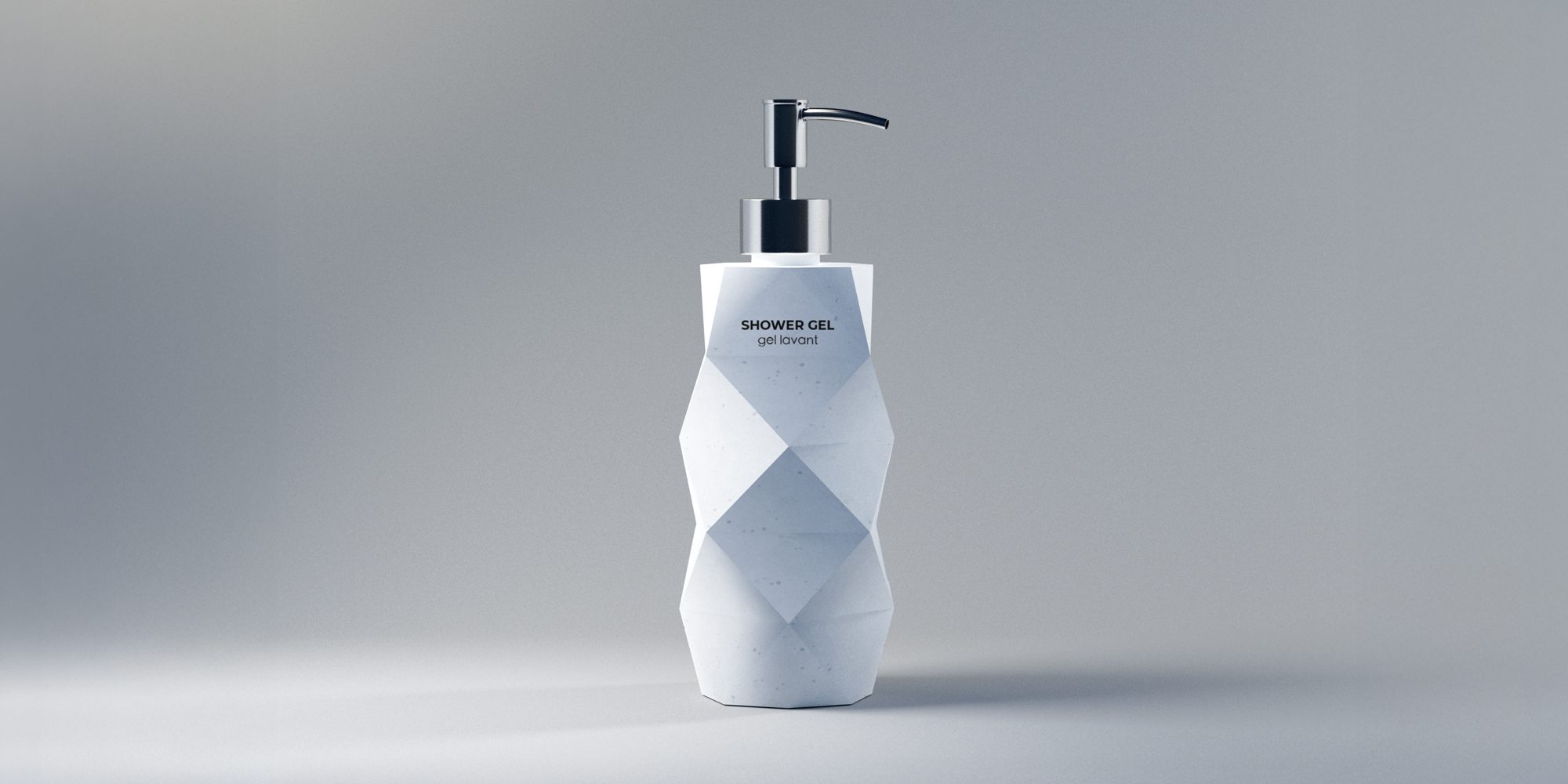 A white geometric bottle of shower gel with a pump dispenser, featuring a modern design and labeled text. The bottle has a faceted, angular shape.