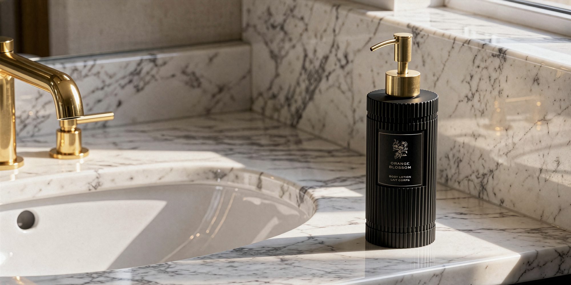 A sleek black liquid soap dispenser with a gold pump sits on a luxurious marble bathroom countertop beside a round sink. A gold faucet is visible in the background.