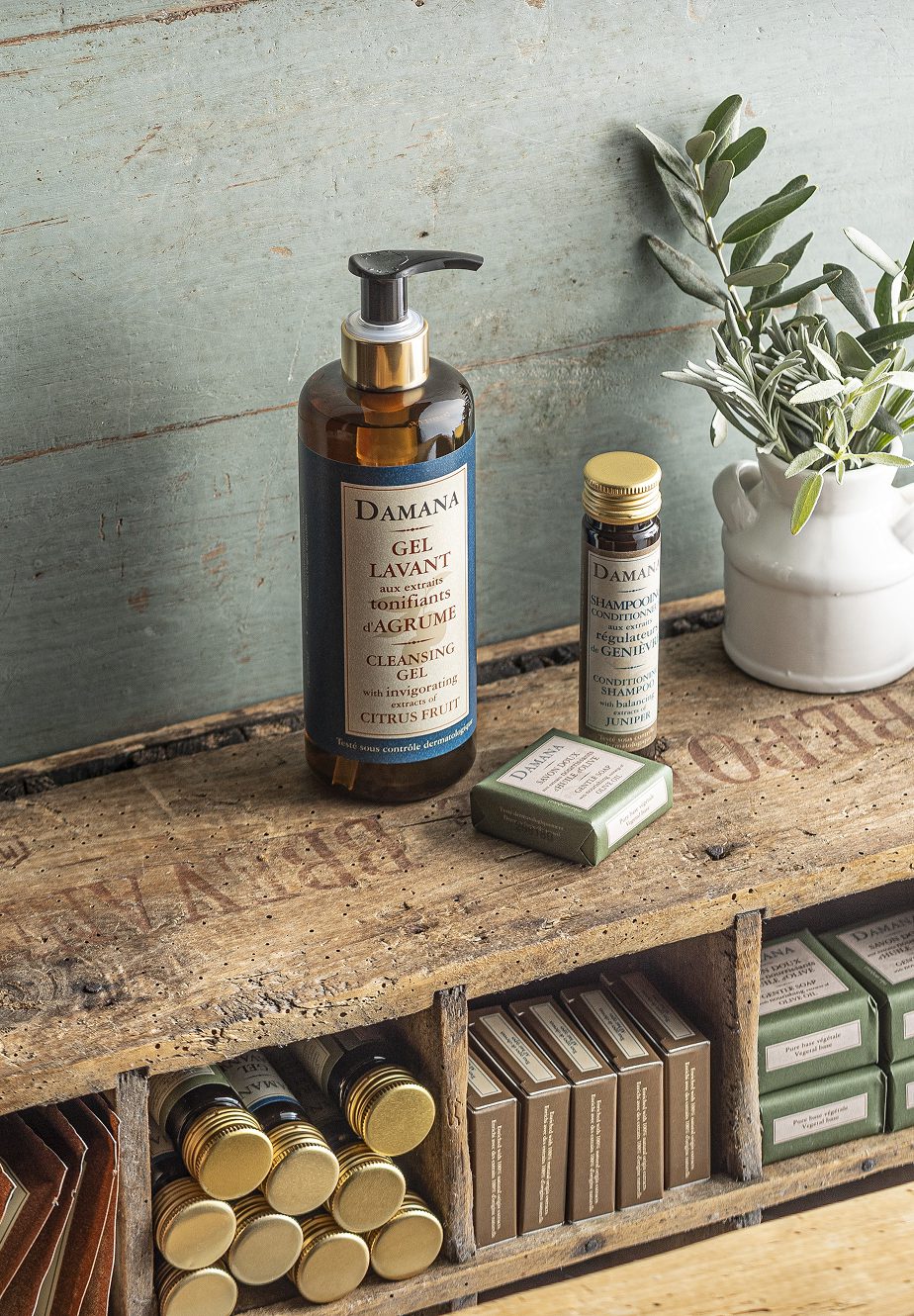 A wooden shelf displays various beauty products, including a large pump bottle of citrus-scented cleansing gel, a small bottle of serum, and wrapped soap bars, with a greenery accent in a white pot in the background.