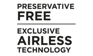 Text displaying "Preservative Free" and "Exclusive Airless Technology" in a bold, modern font.