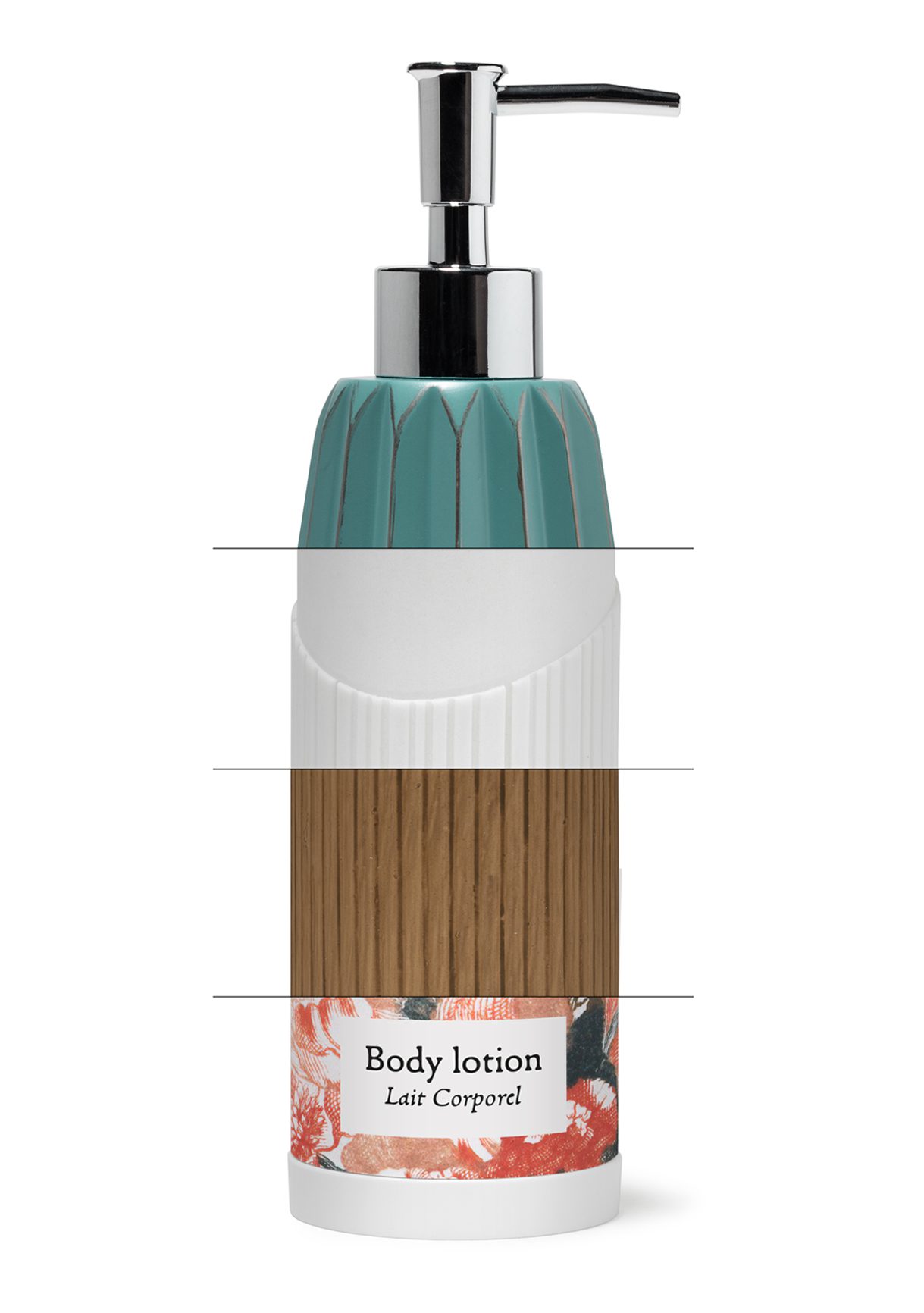 A stylish body lotion pump bottle featuring a textured design with a turquoise top, brown striped middle, and floral patterned base. The label reads "Body lotion" and "Lait Corporel."