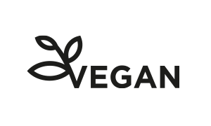 The word "VEGAN" in bold letters, accompanied by a stylized leaf graphic above the "V."