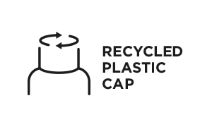 Graphic illustration of a bottle cap with arrows indicating recycling, accompanied by the text "REYCLED PLASTIC CAP."