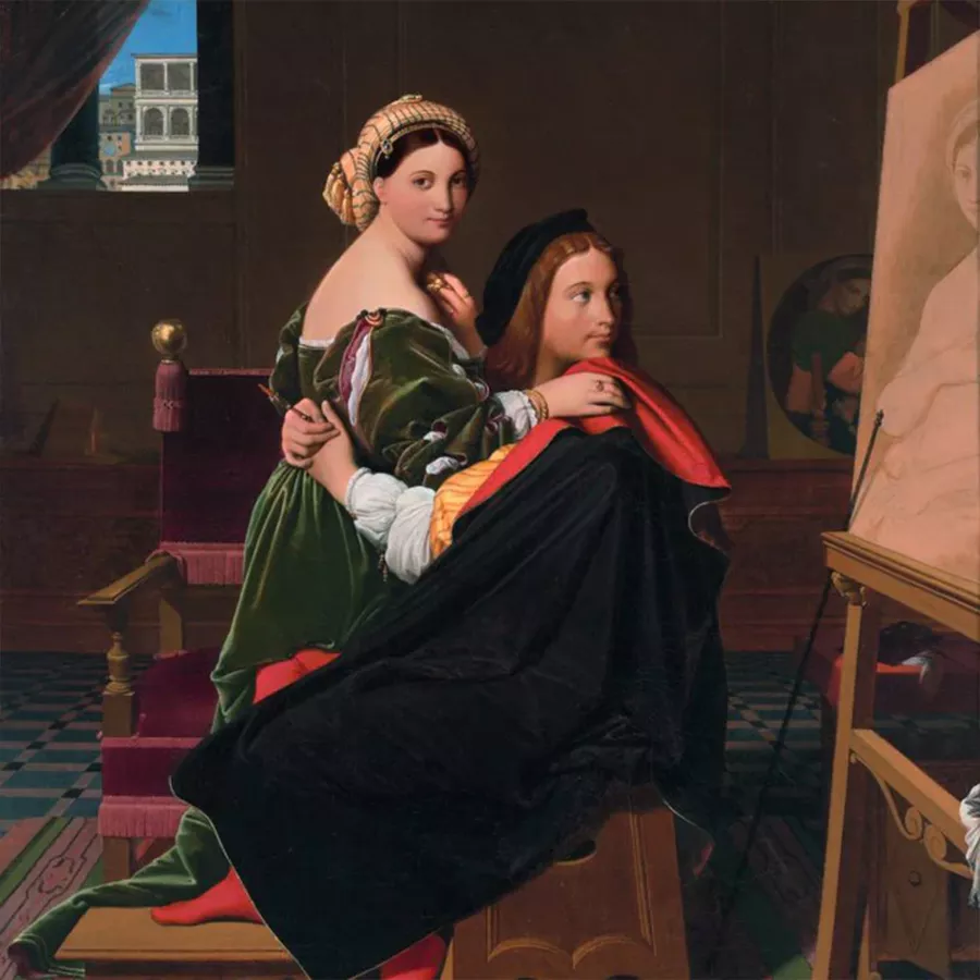 A seated artist embraces a woman in a colorful dress, with her looking over his shoulder as he paints her portrait. The room is richly detailed, featuring ornate furnishings and a large window in the background.