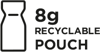Icon of a pouch with 8g and the word "Recyclable" displayed prominently.