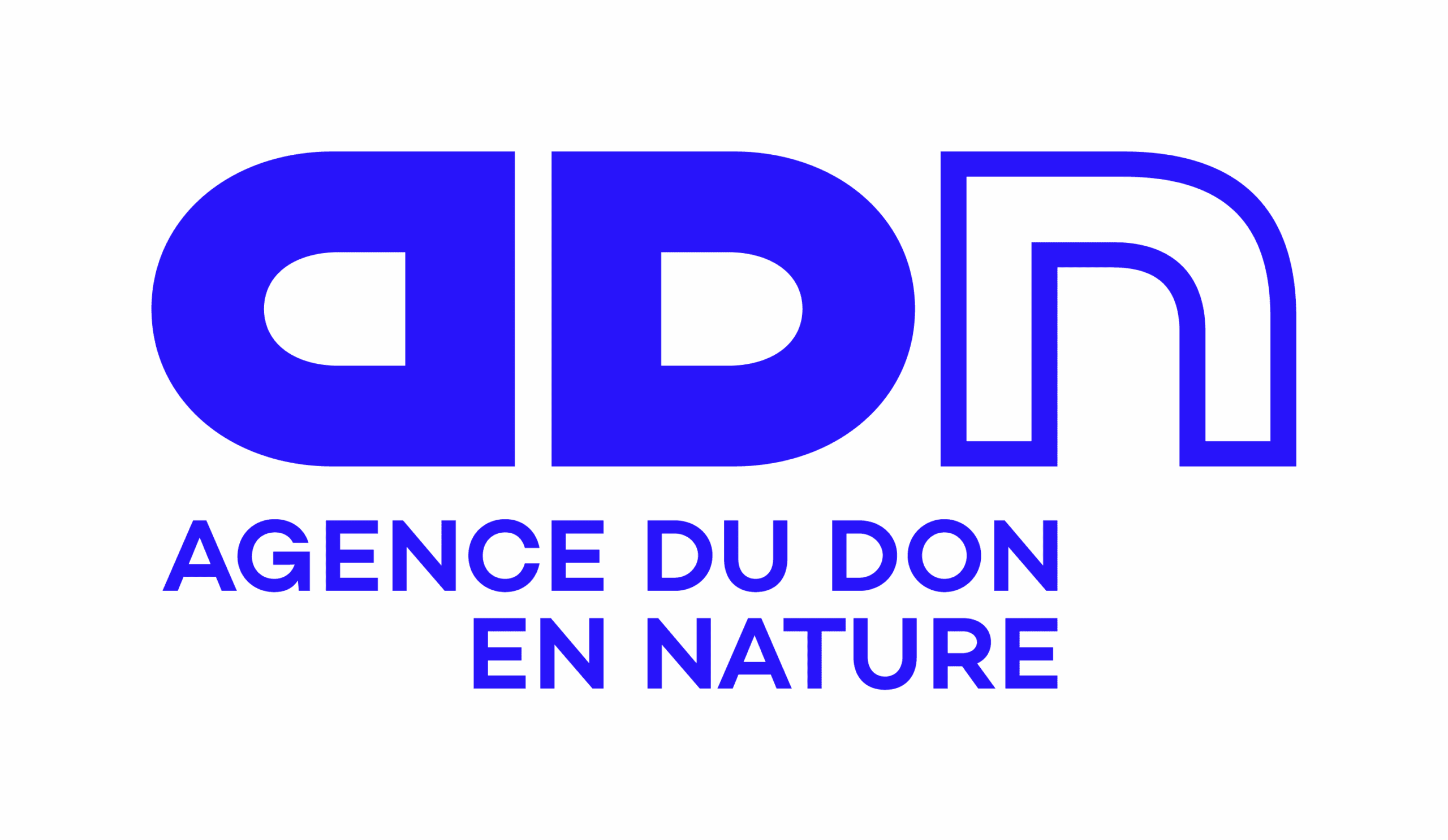 A blue background featuring the logo of "Agence du Don en Nature," with the initials "ADN" prominently displayed.