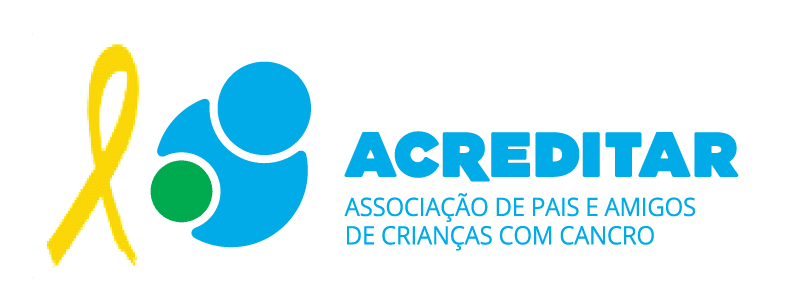 Logo of "ACREDITAR," an association for parents and friends of children with cancer, featuring a yellow ribbon, circular shapes, and the organization's name in blue lettering.