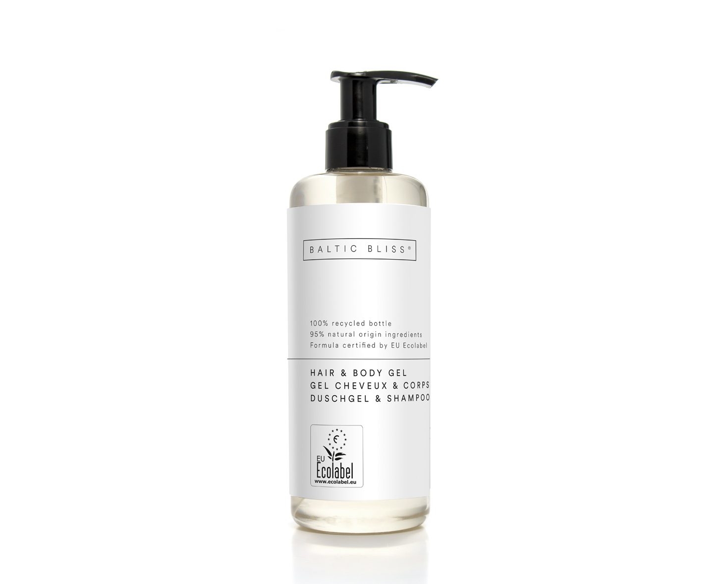 A clear bottle of Baltic Bliss hair and body gel with a pump dispenser, labeled as made from 100% recycled materials and featuring eco-certification details.