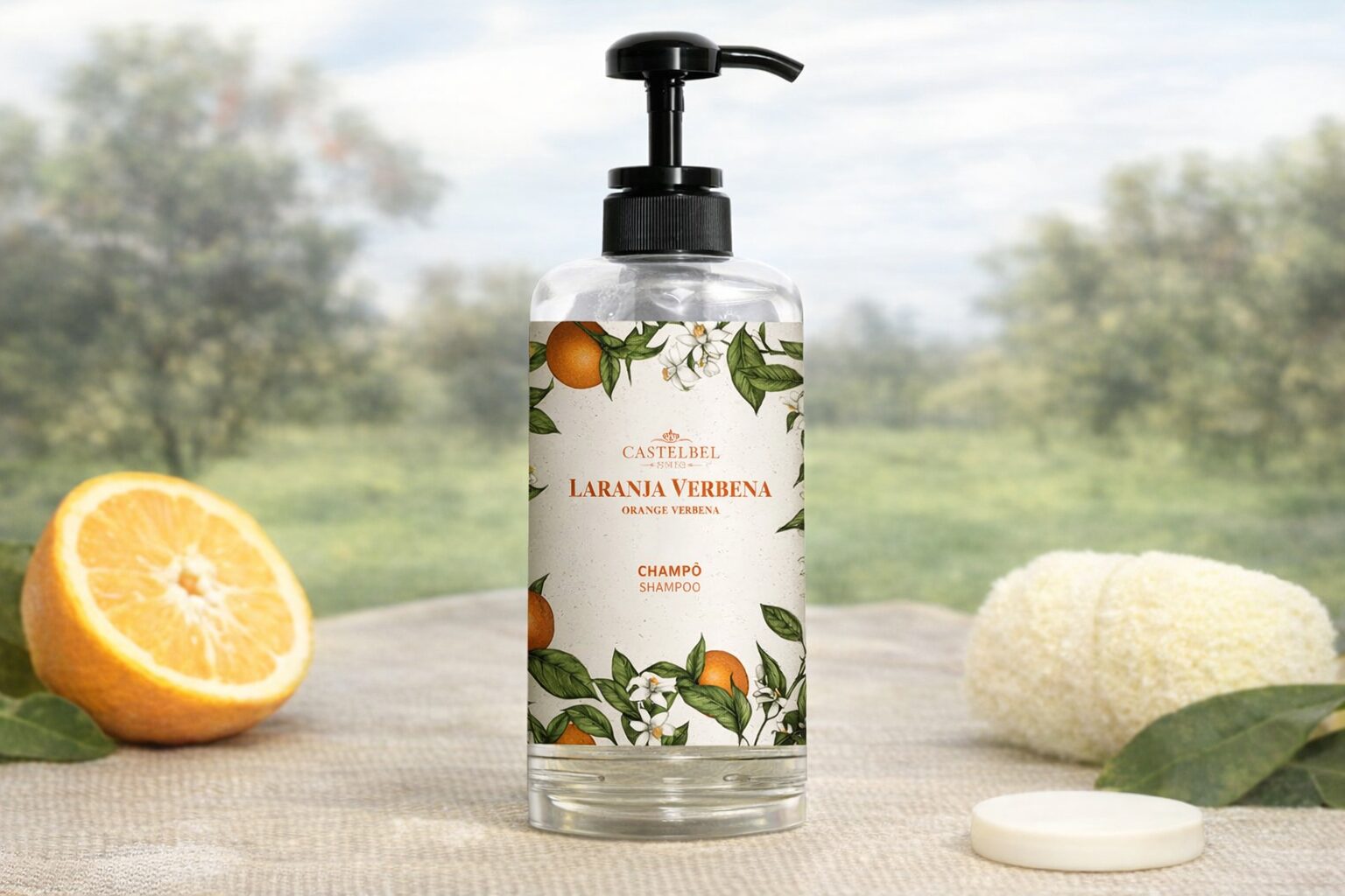 A clear bottle of Castlabel Laranja Verbena organic shampoo with a floral and citrus-themed label, placed on a natural setting with greenery and an orange slice nearby.