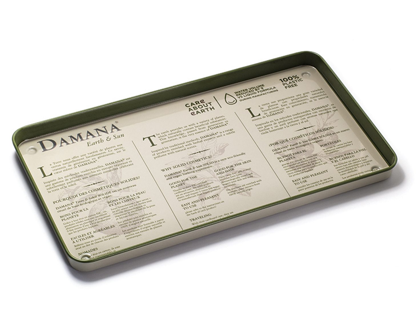 A rectangular tray with a green border featuring printed text about the care of the environment and sustainable practices. The text highlights the product's eco-friendly qualities and usage instructions.