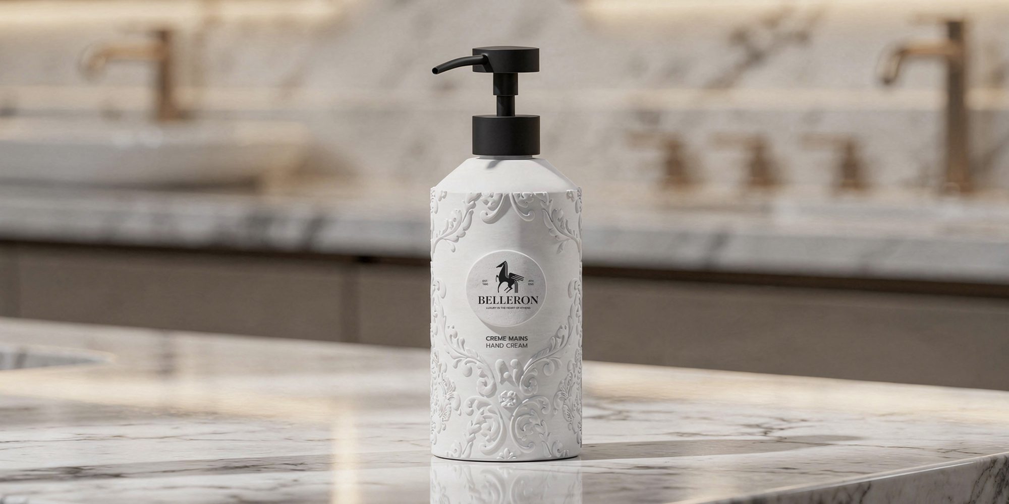 A decorative hand cream bottle with an elegant white design and a black pump, placed on a marble countertop in a stylish bathroom setting.