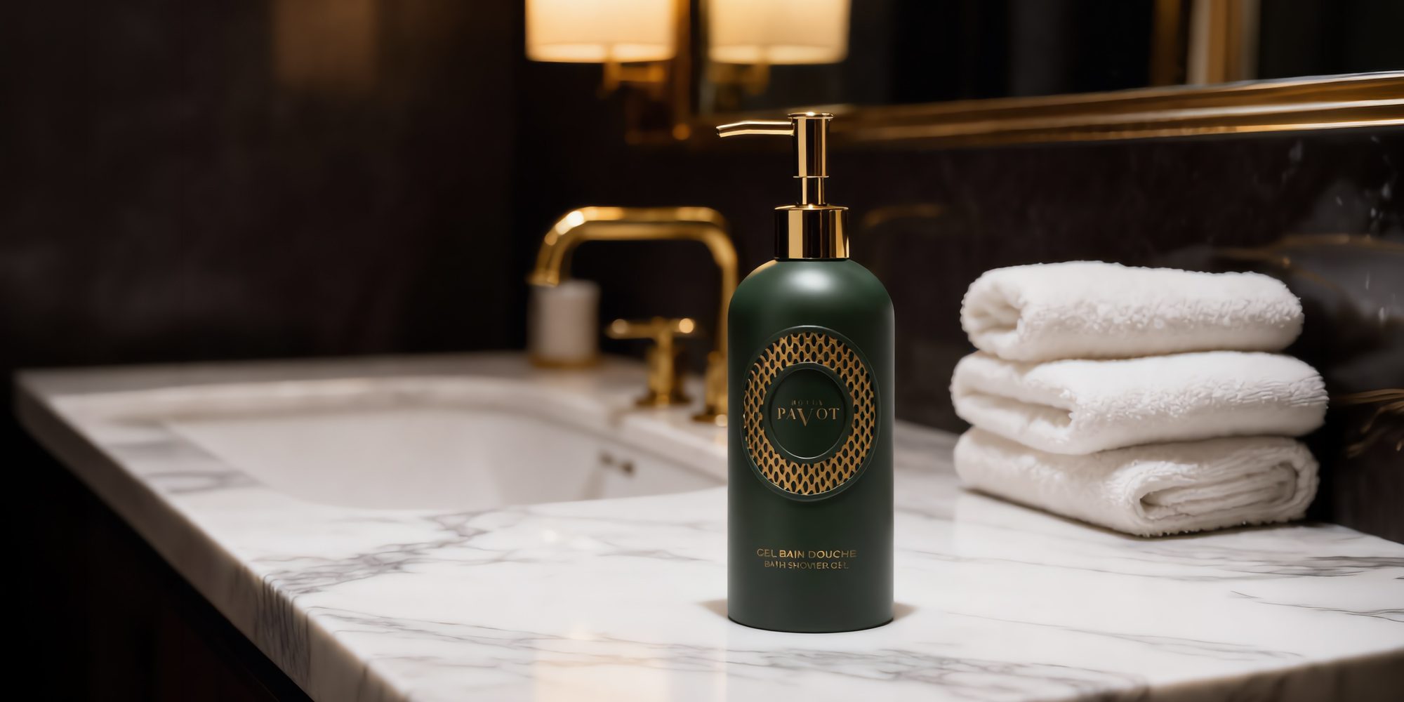 A stylish green shower gel bottle with gold accents sits on a marble countertop beside neatly stacked white towels, against a dark background featuring warm lighting.