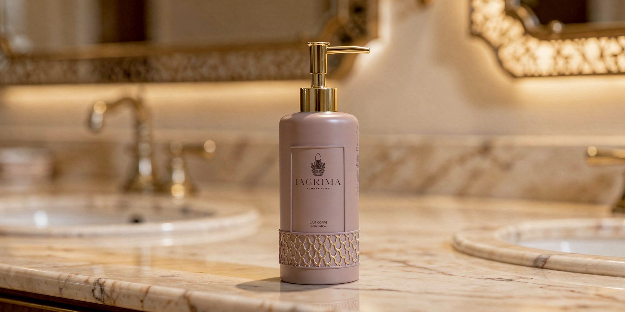 A stylish lavender pump bottle of body lotion sits on a marble countertop, with ornate mirrors in the background.