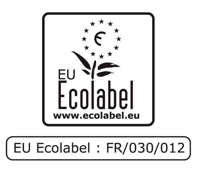 EU Ecolabel logo featuring a stylized flower and the EU stars, indicating eco-friendly products. Includes the website URL and reference number "FR/030/012."