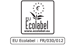 Black and white EU Ecolabel logo featuring a plant and stars in a circular design, with the text "EU Ecolabel" and a website link below.