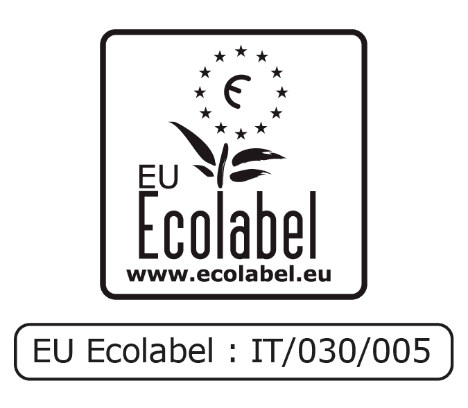 A black-and-white logo featuring the text "EU Ecolabel" with a leaf design and stars above, indicating eco-friendly certification. The site URL and a certification number are also included.