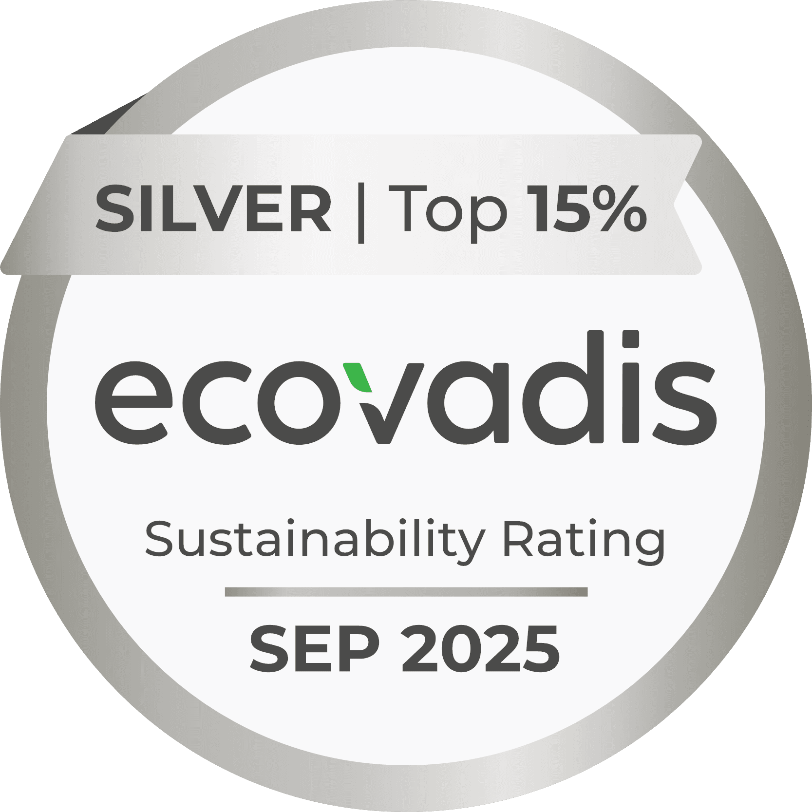 A circular badge displaying a silver rating from EcoVadis, indicating a top 15% sustainability rating, dated September 2025.