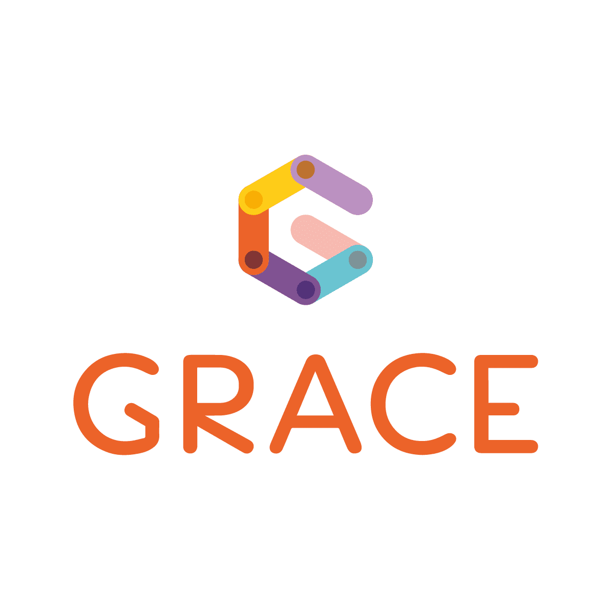 Logo of "GRACE," featuring a stylized letter "G" made up of colorful shapes, with the word "GRACE" written in bold orange letters beneath it.