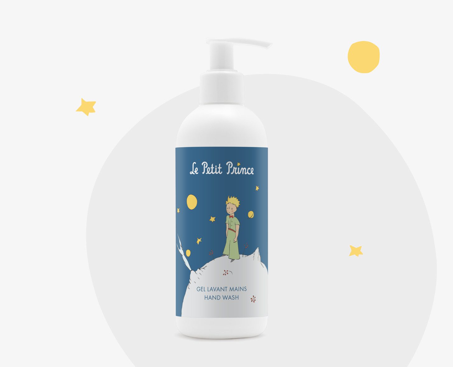 A white bottle of hand wash featuring a cartoon illustration of a small prince against a blue background with stars and a moon. The label reads "Le Petit Prince" and includes text in French.