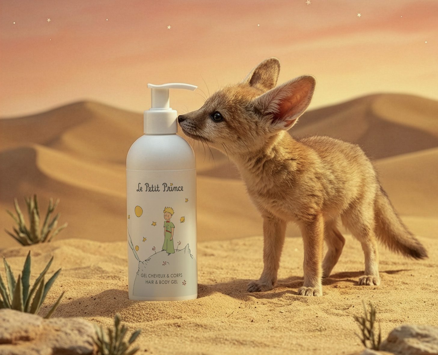 A fennec fox curiously sniffs a bottle of "Le Petit Prince" hair and body gel, set against a desert backdrop. The bottle features a whimsical illustration related to "The Little Prince."