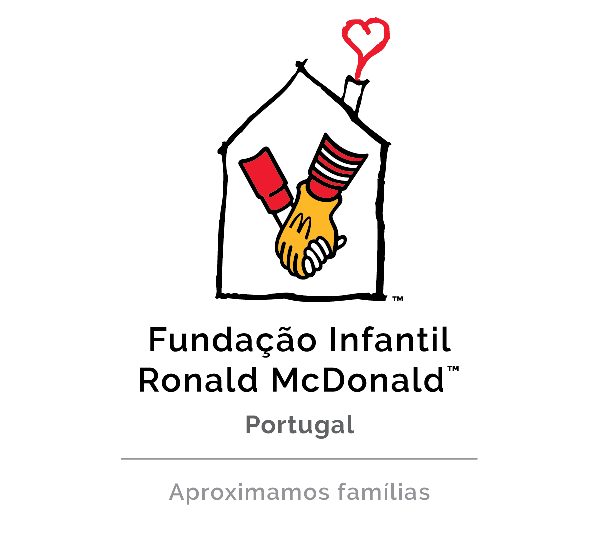A stylized house with a heart at the top, featuring two hands shaking, with the text "Fundação Infantil Ronald McDonald™ Portugal" and the phrase "Aproximamos famílias" below.