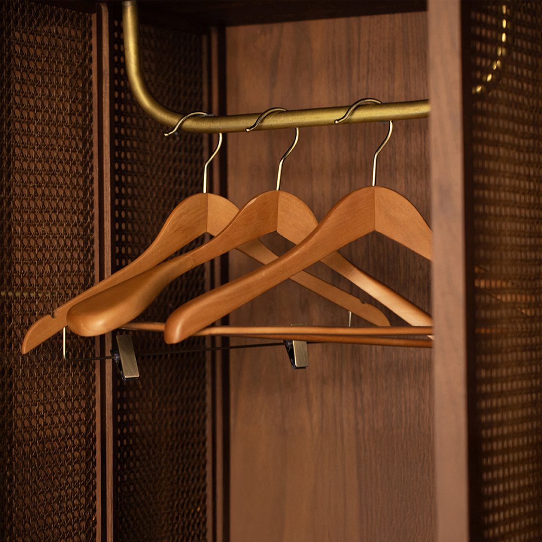 A close-up of a wooden wardrobe with several wooden hangers suspended from a brass rod. The background features a textured mesh design.